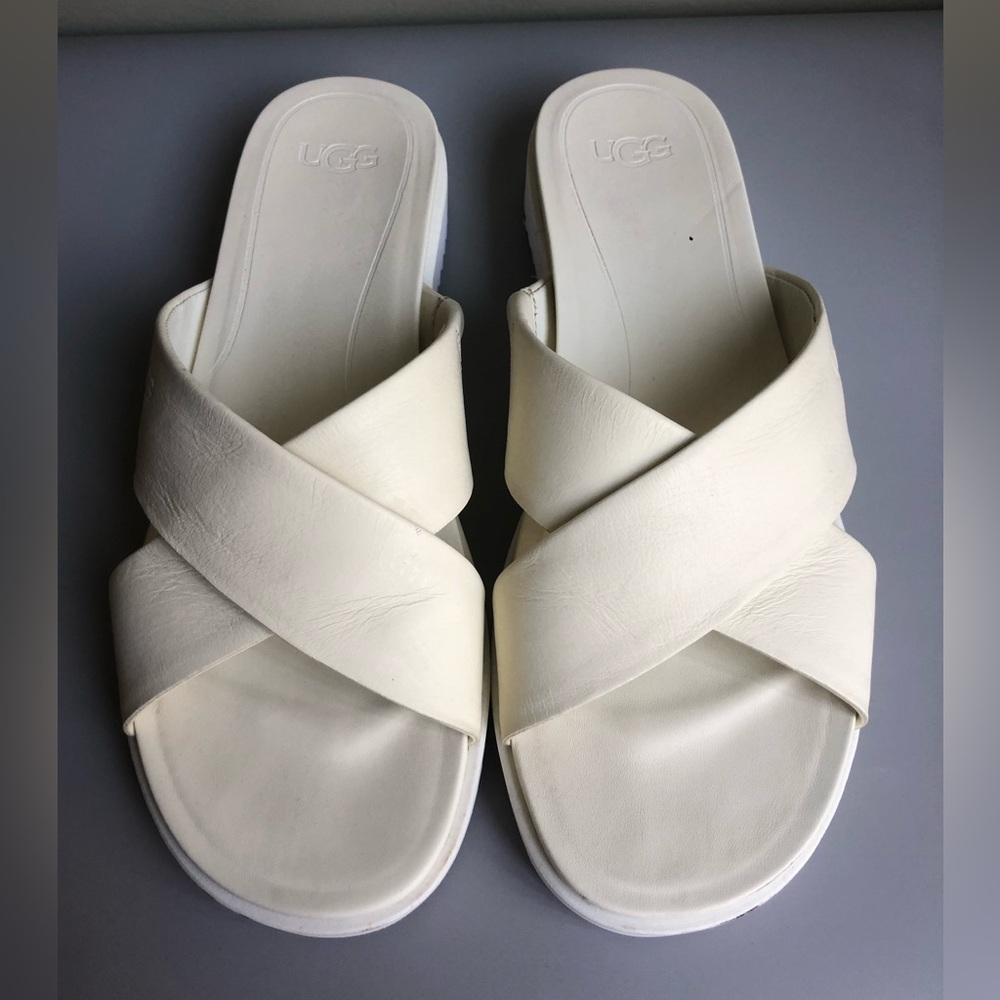 Ugg Cross Strap Slide Leather Sandal White Zari Size: US 7.5